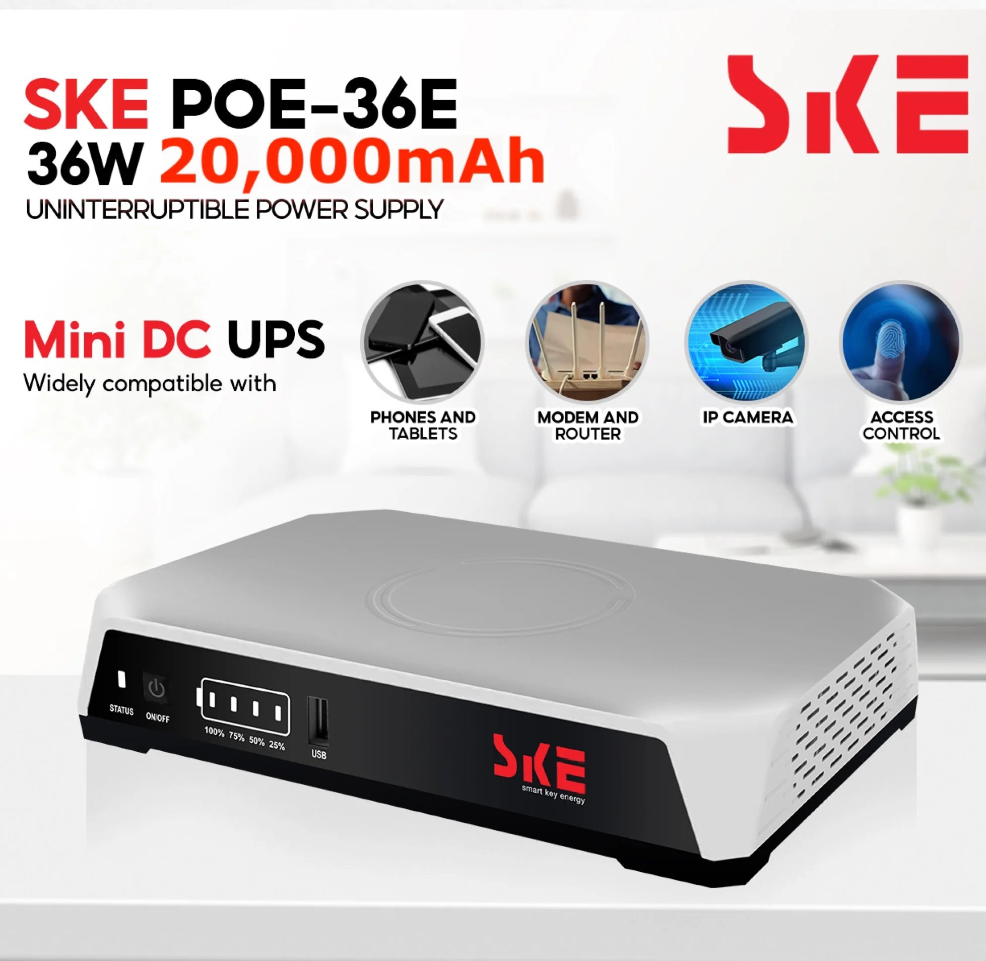SKE POE-36E-LFP 20,000mAh Mini DC UPS – 36W High Power Backup with LiFePO4 Battery (5V/9V/12V 3A)
